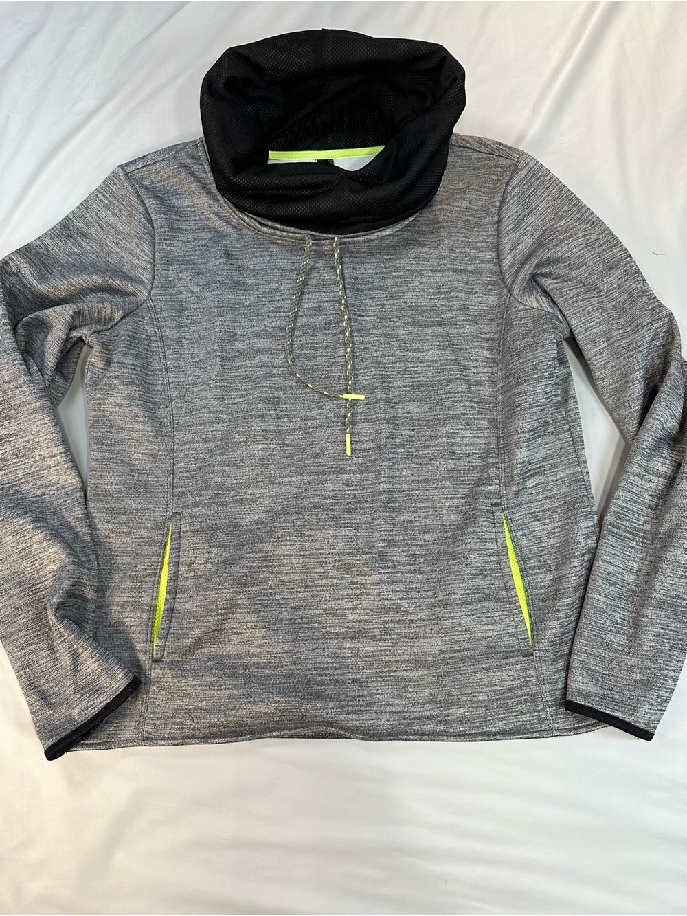 RBX Gray Cowl Neck Pullover with Black Collar and Neon Yellow Accents